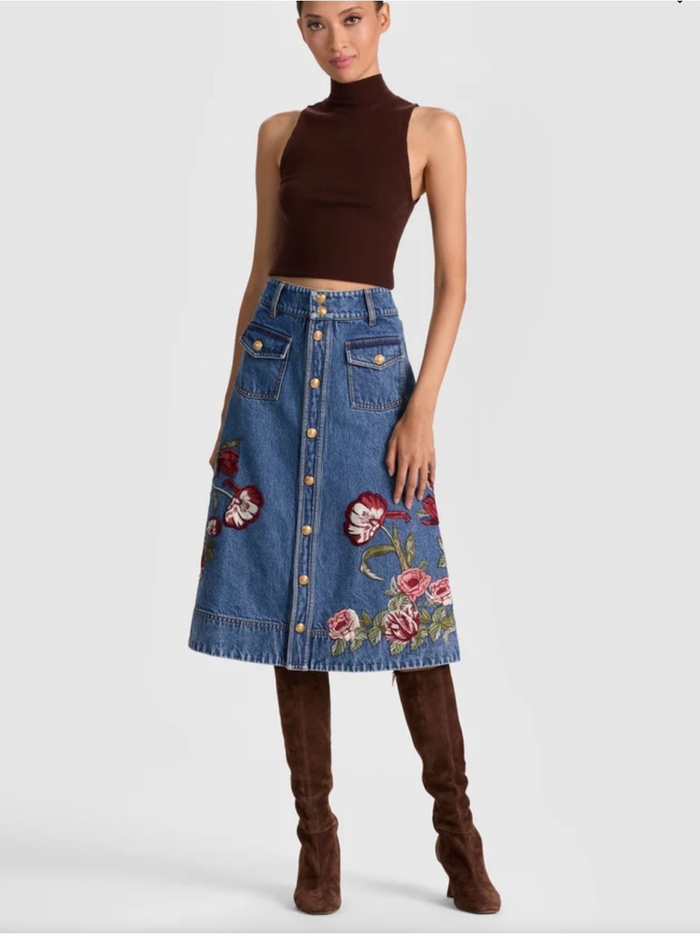 Alice + Olivia DAHLIA EMBROIDERED DENIM SKIRT